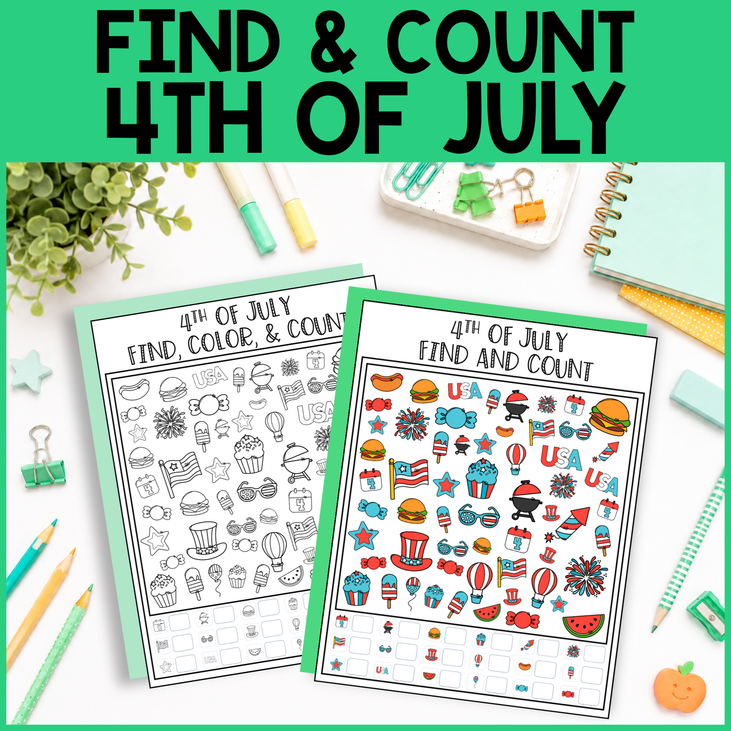4th of July Find and Count - Find, Color, Count Activity