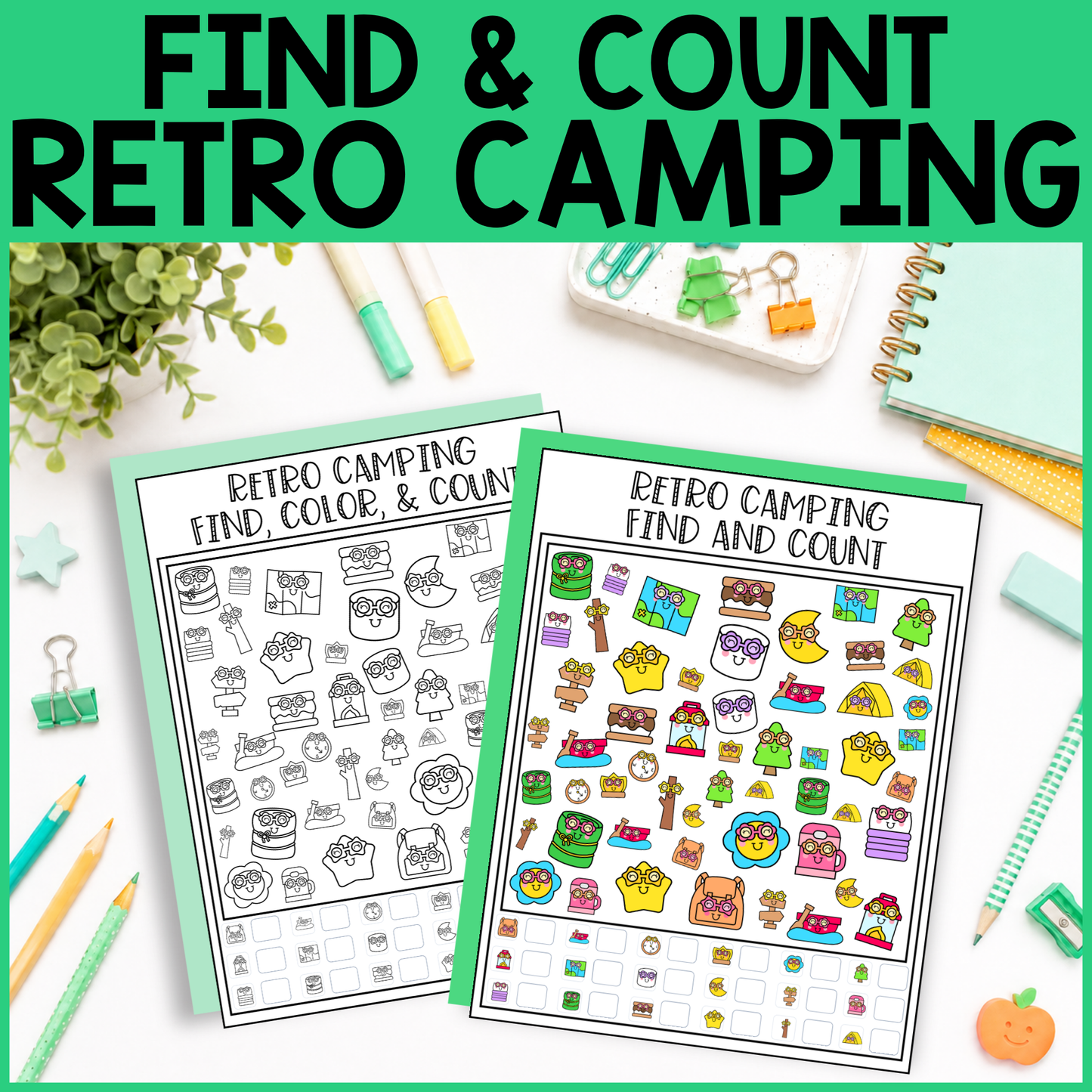 Retro Camping Find and Count -  Find, Color, Count Activity