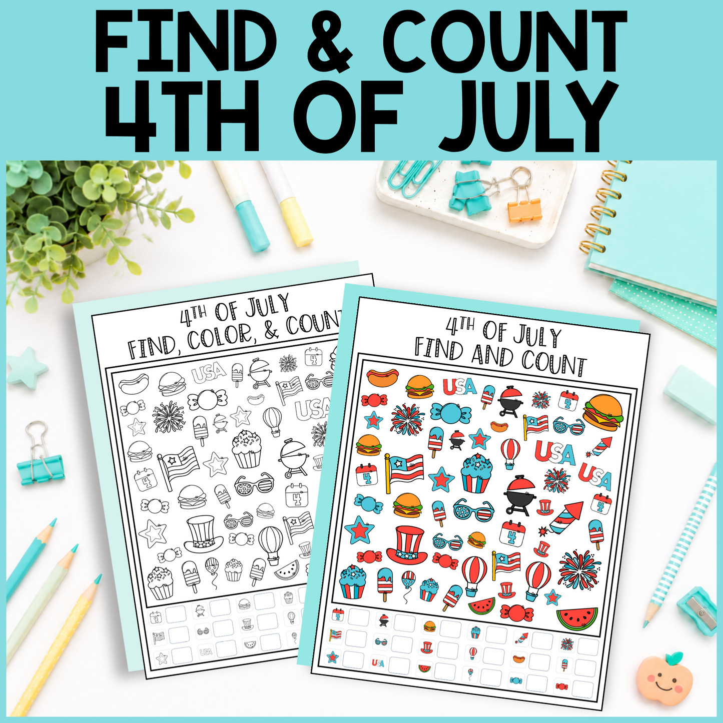 4th of July Find and Count -  Find, Color, Count Activity