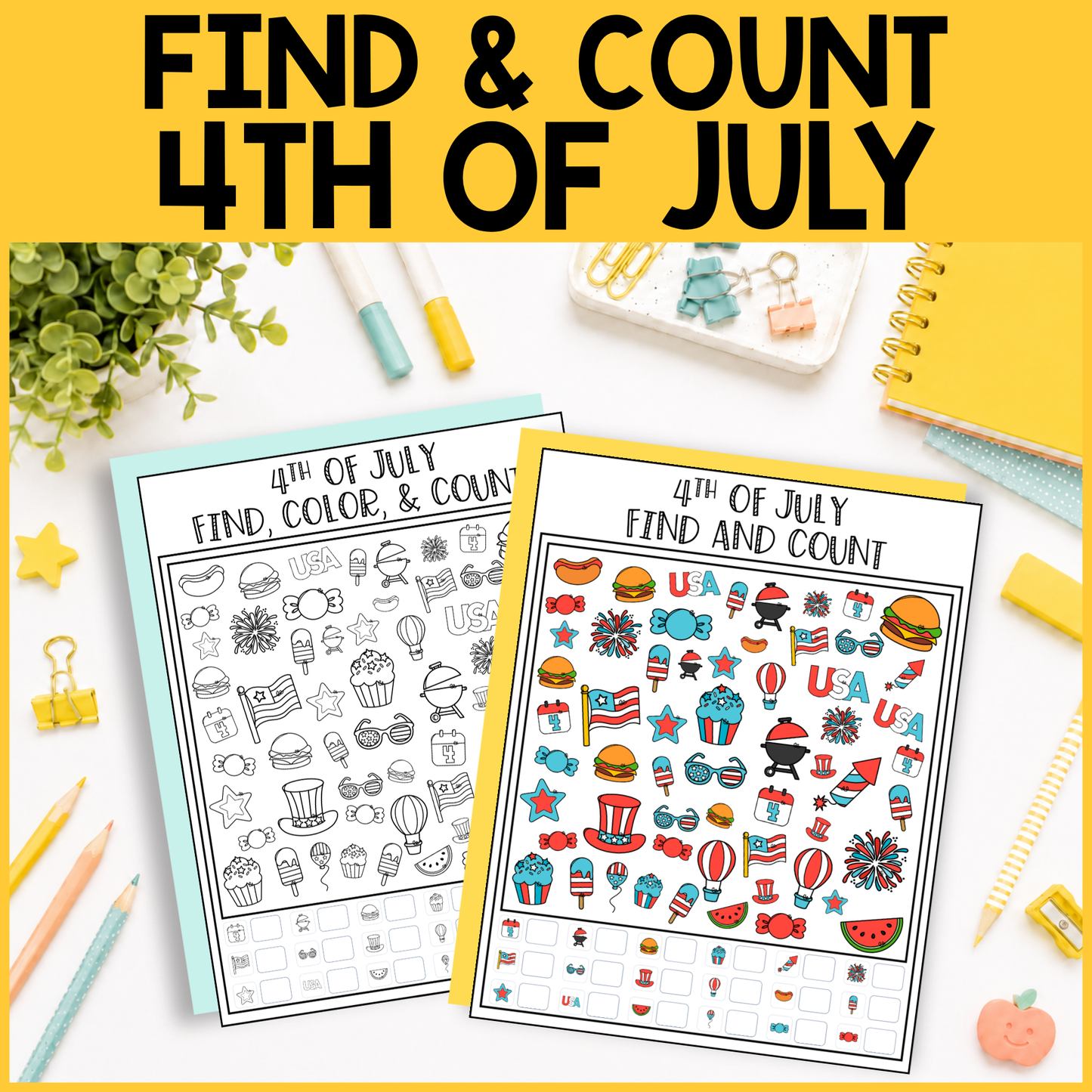 4th of July Find and Count -  Find, Color, Count Activity