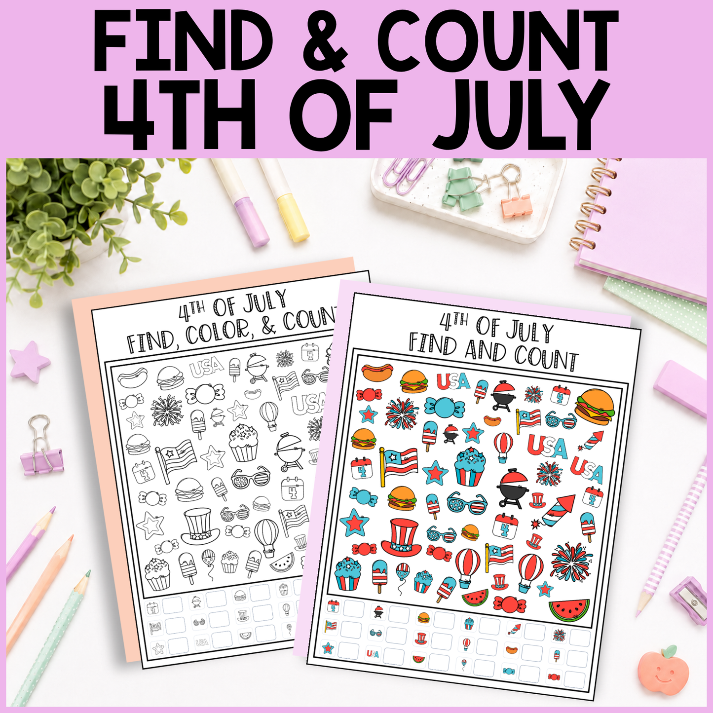 4th of July Find and Count -  Find, Color, Count Activity