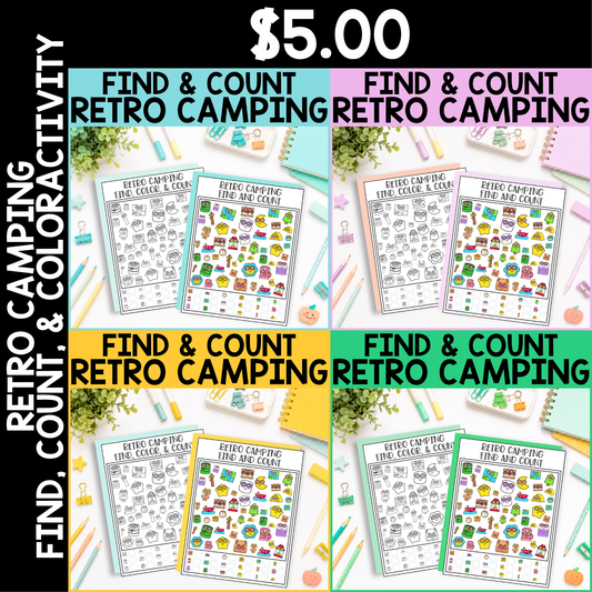 Retro Camping Find and Count -  Find, Color, Count Activity