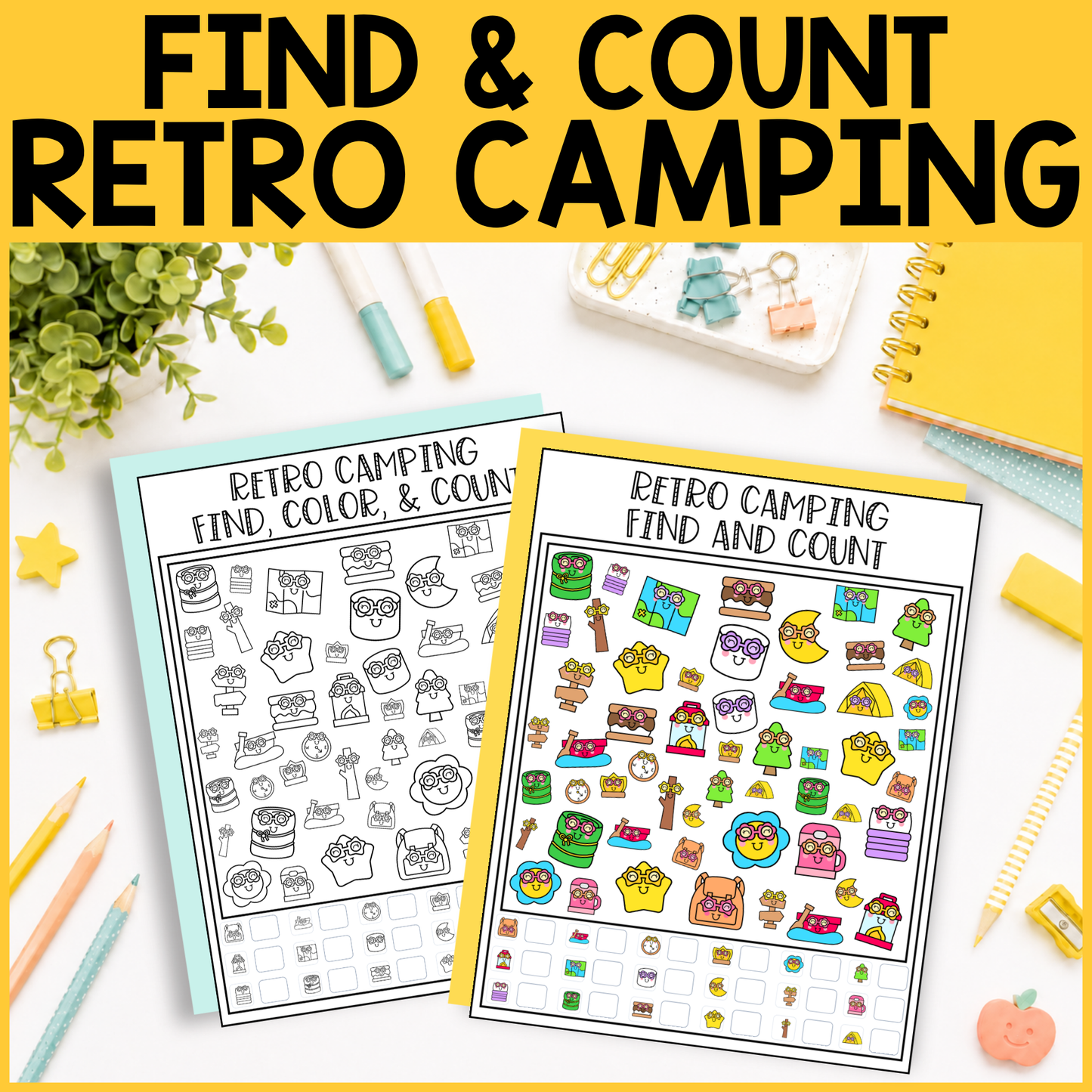 Retro Camping Find and Count -  Find, Color, Count Activity